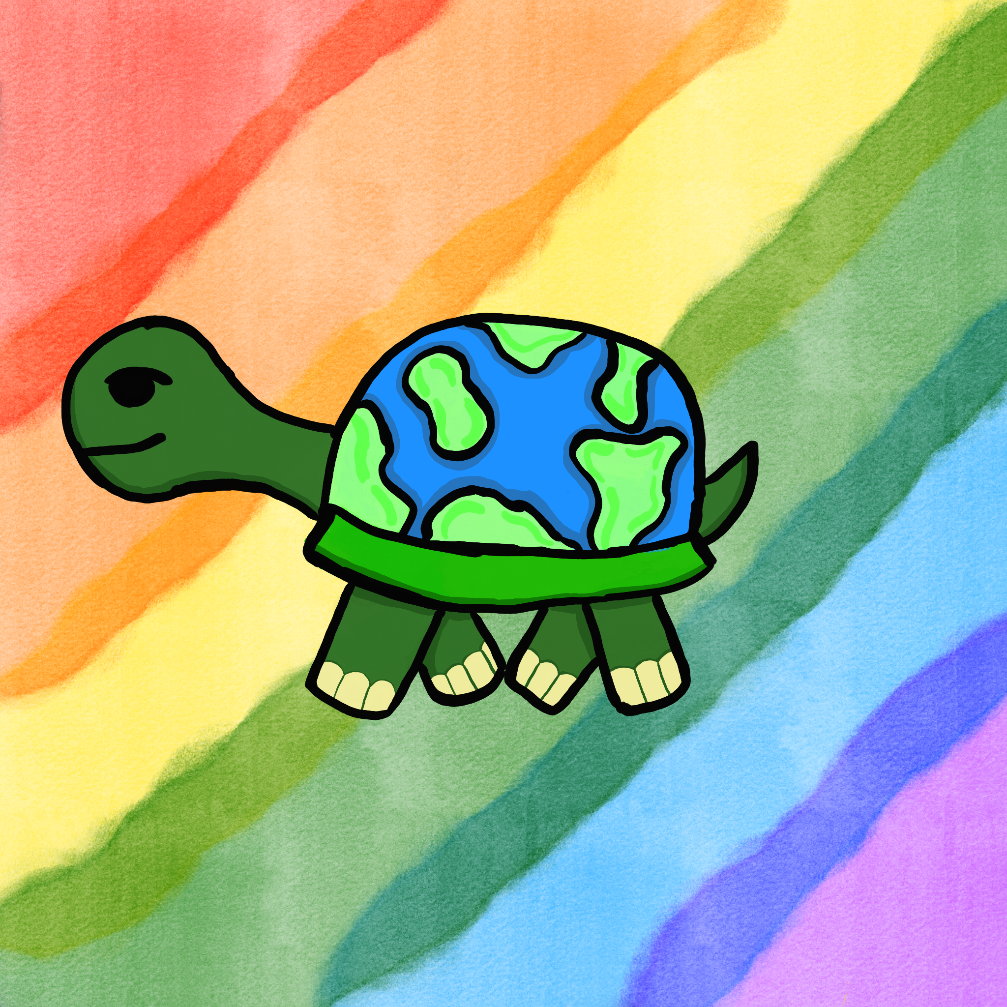 Atlas, a turtle with a world-patterned shell against a rainbow background.
