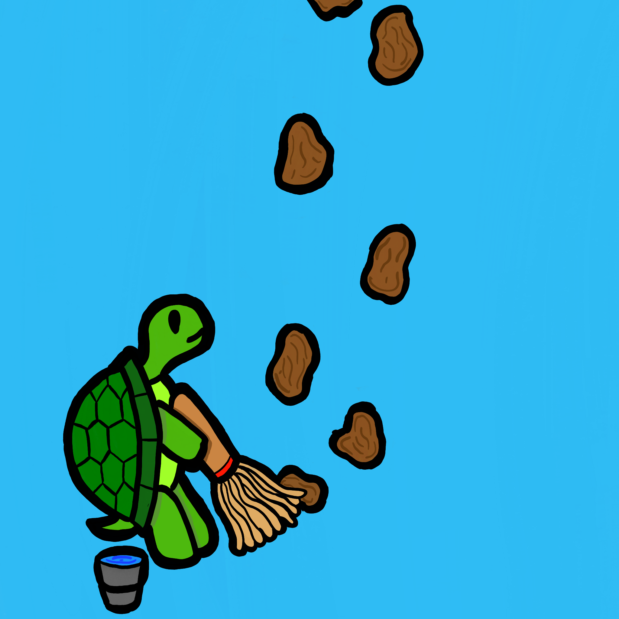 Tracker sweeping up muddy footprints, with a bucket beside him.