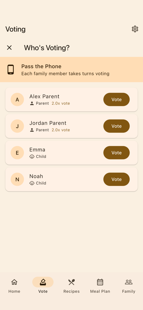 TurtleTable's family voting screen lets parents and children take turns choosing meals.